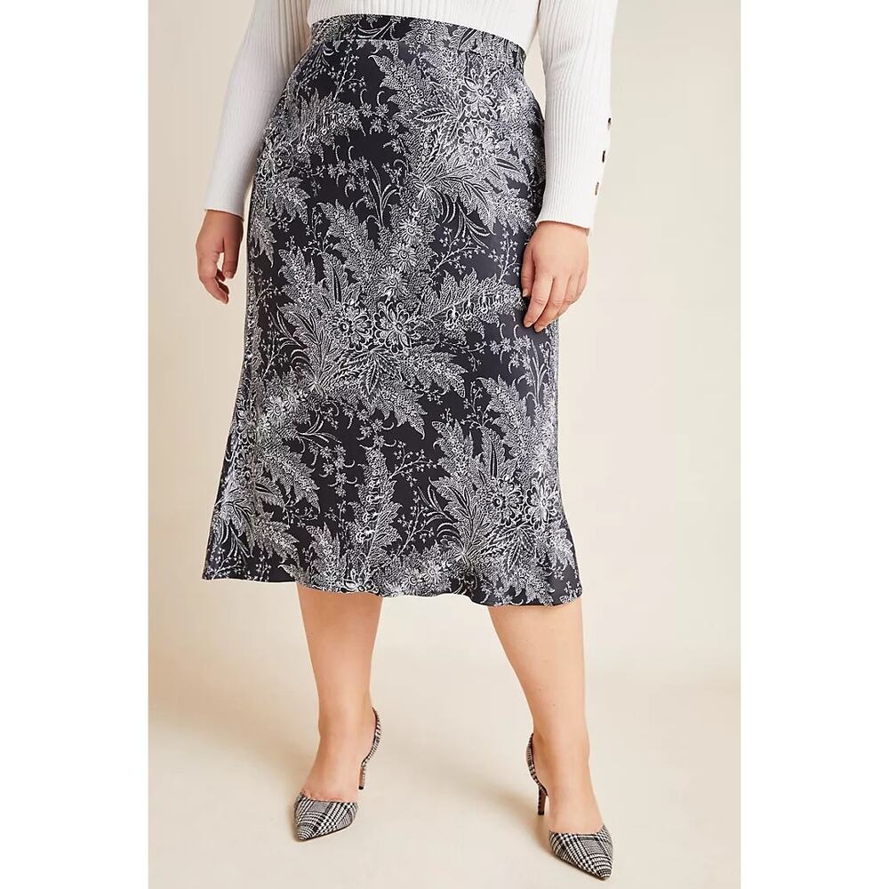 [Anthropologie] Maeve Black Floral Print Bias Cut Satin Midi Skirt NWT Size 16W